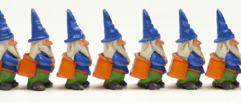 Gnomes walking in line carrying boxes